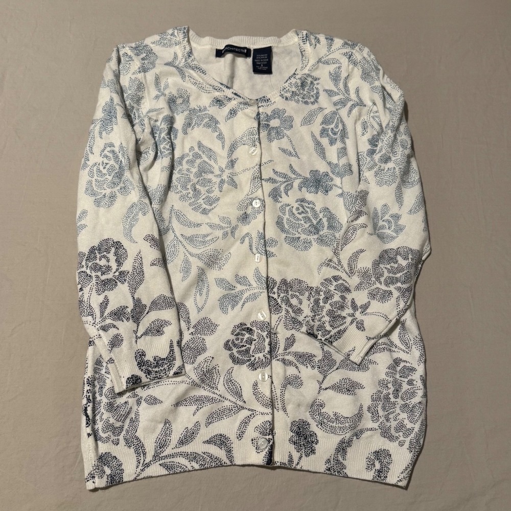 NWT Women's Architect‎ 3/4 Sleeve Ombré Floral Cardigan, Blue/White, Size Small